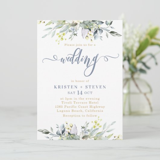 Invitation Boho Green Eucalyptus Mariage Dusty Blue (Debout devant)