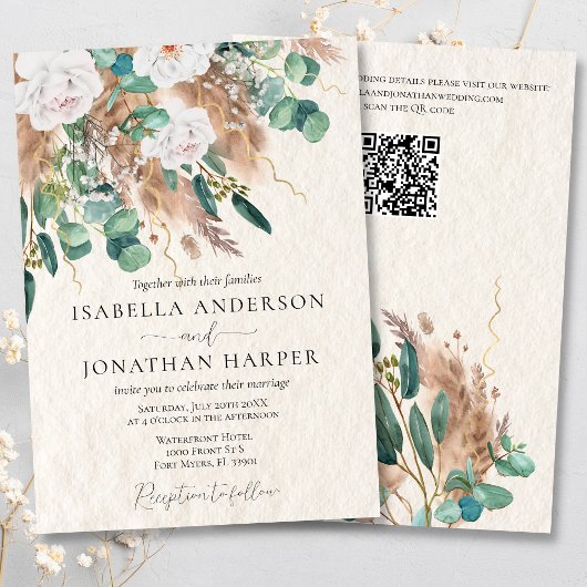 Invitation Boho Green Eucalyptus Pampas Grass QR Code Mariage