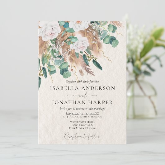 Invitation Boho Green Eucalyptus Pampas Grass QR Code Mariage (Debout devant)