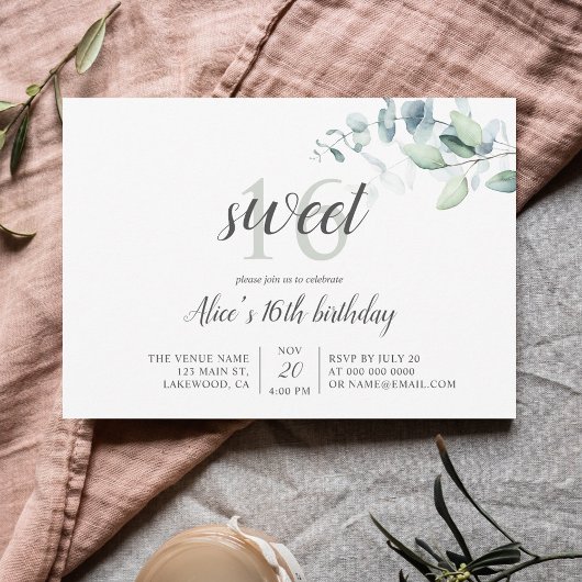 Invitation `Boho Green Eucalyptus Sweet 16