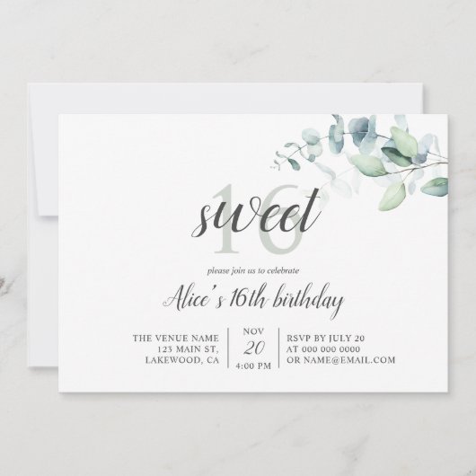 Invitation `Boho Green Eucalyptus Sweet 16 (Devant)