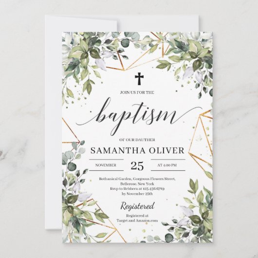 Invitation Boho Green feuillage eucalyptus or baptême (Devant)