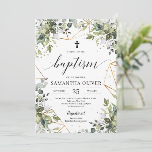 Invitation Boho Green feuillage eucalyptus or baptême (Debout devant)