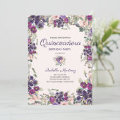 Invitation Boho Green Feuilles violet rose Floral Quinceañera (Debout devant)