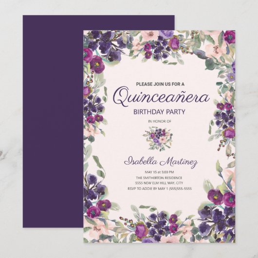 Invitation Boho Green Feuilles violet rose Floral Quinceañera (Devant / Derrière)