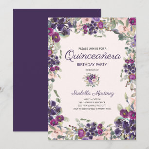 Invitation Boho Green Feuilles violet rose Floral Quinceañera