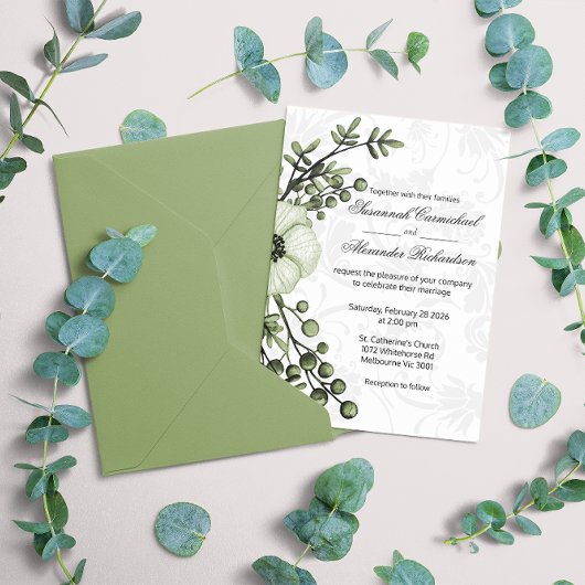 Invitation Boho Green Floral Berries Mariage damassé