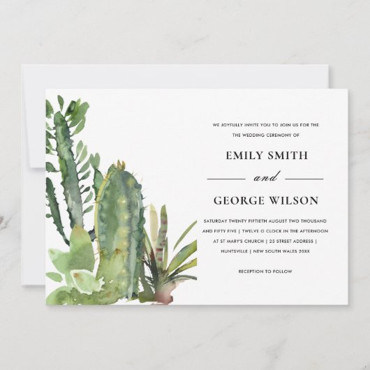 INVITATION BOHO GREEN FLORAL DESERT CACTI FOLIAGE MARIAGE (Devant)