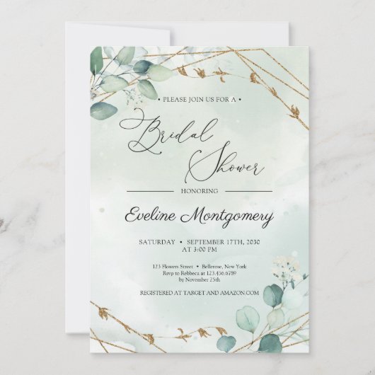 Invitation Boho Green Folaige Faux Gold Géométrique Bridal (Devant)