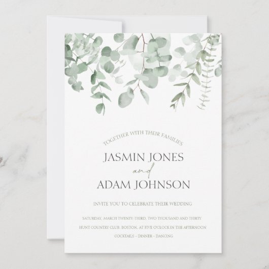Invitation Boho Green Foliage Eucalyptus Mariage (Devant)