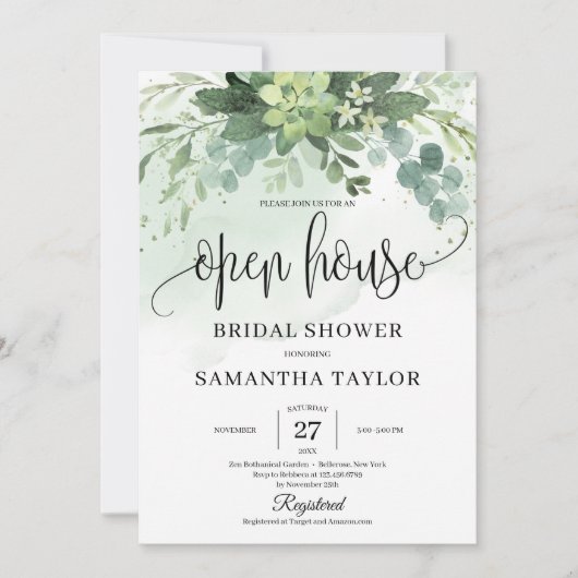Invitation Boho Green Foliage Succulent Open House Bridal (Devant)