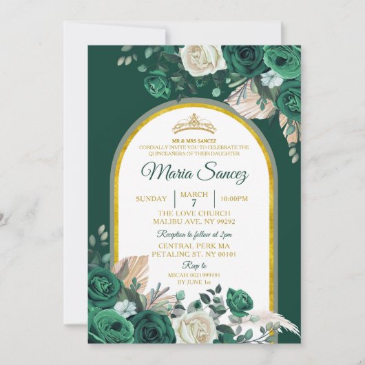 Invitation Boho Green Gold Floral Mexicain Quinceañera (Devant)