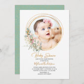 Invitation Boho Green Gold Frame baby shower d'aquarelle (Devant / Derrière)
