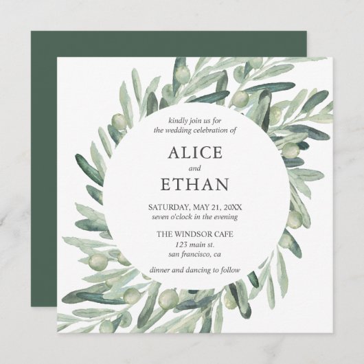 Invitation Boho Green Olive Feuille Mariage (Devant / Derrière)