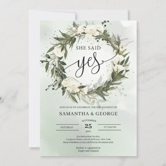Invitation Boho Green Olive wreath blanc roses elle a dit oui (Devant)