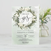 Invitation Boho Green Olive wreath blanc roses elle a dit oui (Debout devant)