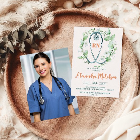 Invitation Boho Green Photo Aquarelle École de soins infirmie