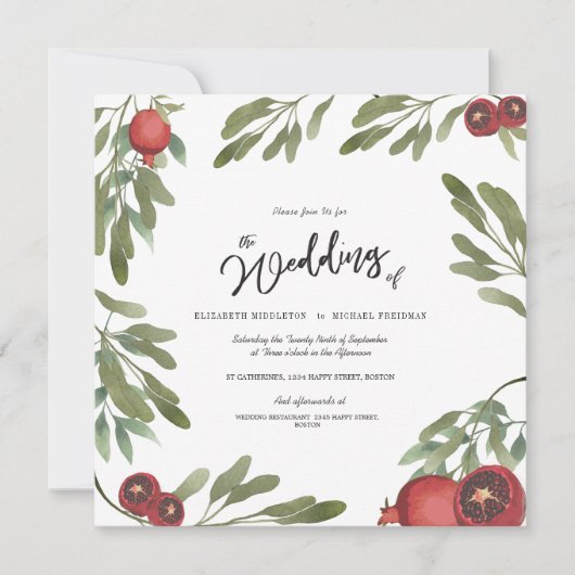 Invitation Boho Green Pomegranate Feuille Moderne Botanique (Devant)