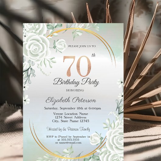 Invitation Boho Green Roses Silver 70th Birthday