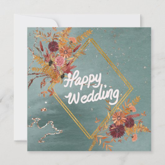 Invitation Boho Green Rouge Floral Motif Mariage Heureux (Devant)