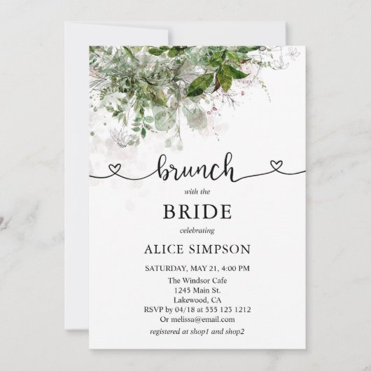 Invitation Boho Green Script Heart Brunch Fête des mariées (Devant)