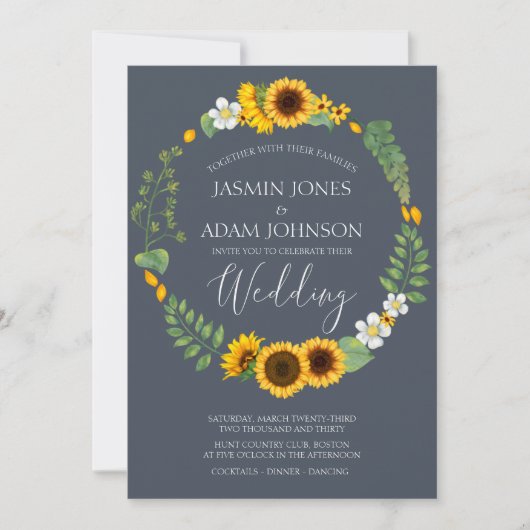 Invitation Boho Green Sunflower Royal Blue Mariage (Devant)