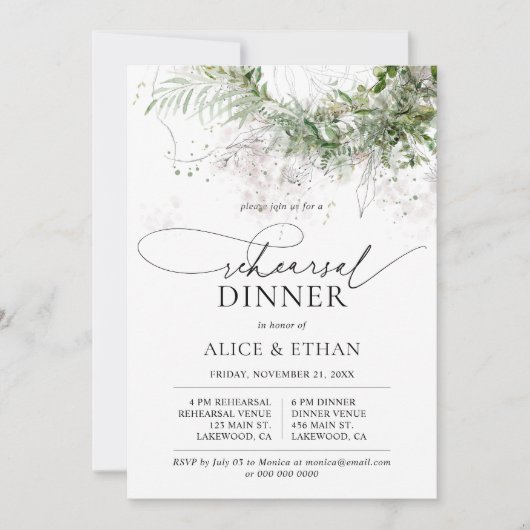 Invitation Boho Greenery Feuille Script de répétition dîner (Devant)