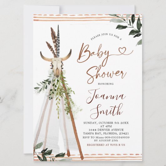 Invitation Boho Grenerie Animal Crâne Teepee Baby shower (Devant)