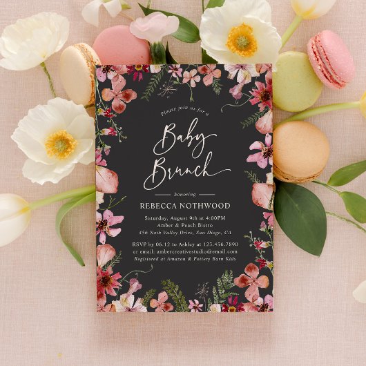 Invitation Boho Gris moderne Fleurs sauvages Bébé Brunch Douc