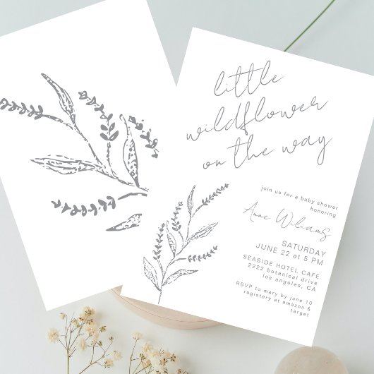 Invitation Boho Hand-drawn Wildflower White Grey Baby Shower
