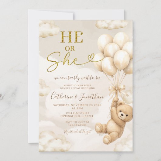 Invitation Boho He Or She Beige Balloons Bear Gender Reveal (Devant)