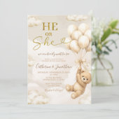 Invitation Boho He Or She Beige Balloons Bear Gender Reveal (Debout devant)
