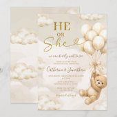 Invitation Boho He Or She Beige Balloons Bear Gender Reveal (Devant / Derrière)