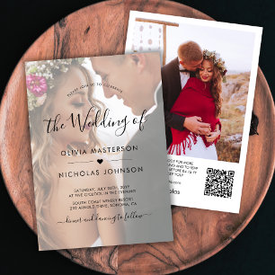 Invitation Boho Heart Script Photo Overlay QR Code Mariage