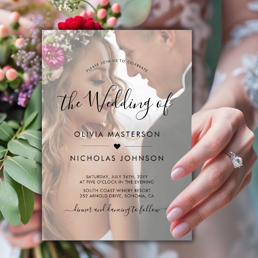 Invitation Boho Heart Script Photo Overlay QR Code Mariage