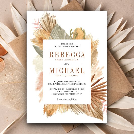 Invitation Boho Herbe de la Pampa Feuilles de Palmier Séchées