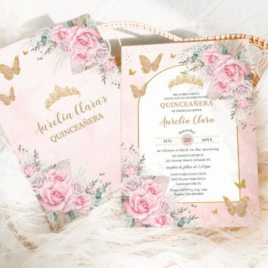 Invitation Boho Herbe de Pampas Roses Roses Fleur Quinceañera