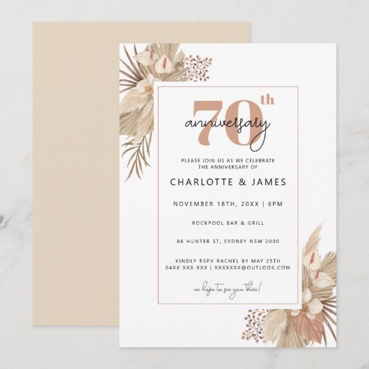 Invitation Boho Herbe des Pampas 70e anniversaire de mariage (Devant / Derrière)