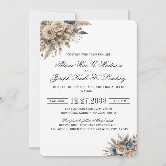Invitation Boho Herbe des Pampas Floraux Bleus Élégants (Devant)