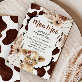 Invitation Boho Highland Cow Anniversaire Farm
