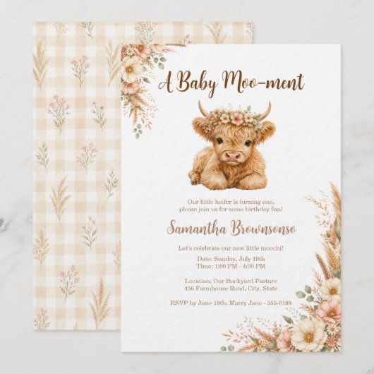 Invitation Boho Highland Cow Gingham Floral Anniversaire (Devant / Derrière)