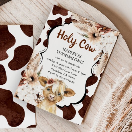 Invitation Boho Highland Cow Je suis une fille premier annive