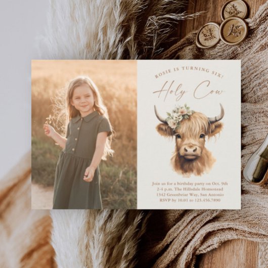 Invitation Boho Highland Cow Kids Photo Anniversaire