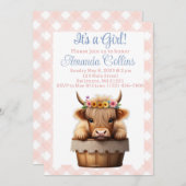 Invitation Boho Highland vache baby shower fleuri rustique (Devant / Derrière)