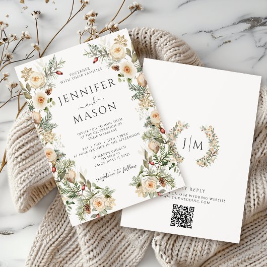 Invitation Boho hiver Noël or Floral Mariage de couronne