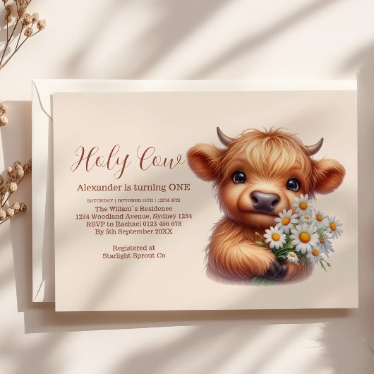 Invitation Boho Holy Cow Highland Cow 1er anniversaire
