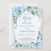 Invitation Boho Ice bleu fleuri eucalyptus or or Open House (Devant)