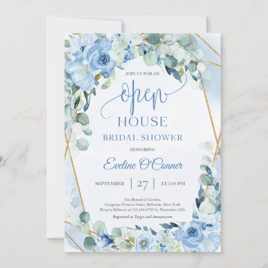 Invitation Boho Ice bleu fleuri eucalyptus or or Open House (Devant)