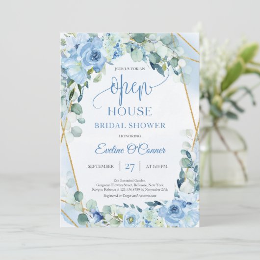 Invitation Boho Ice bleu fleuri eucalyptus or or Open House (Debout devant)