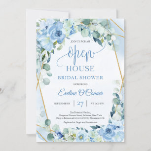 Invitation Boho Ice bleu fleuri eucalyptus or or Open House